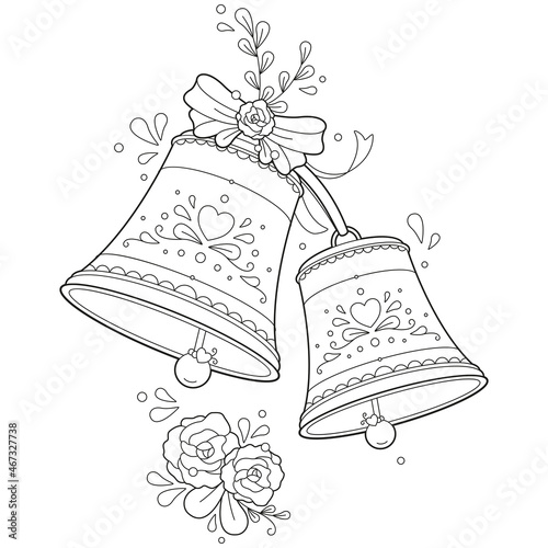Black and white adult coloring page of two romantic ornate wedding bells with a bow and flowers