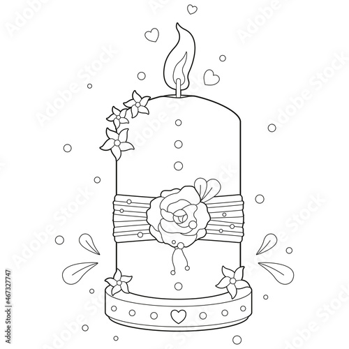 Black and white adult coloring page of decorative burning pillar candle with flowers