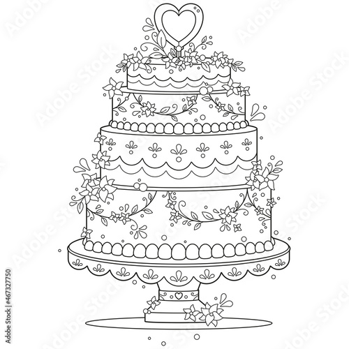 Black and white adult coloring page of decorative romantic wedding cake with flowers and a heart