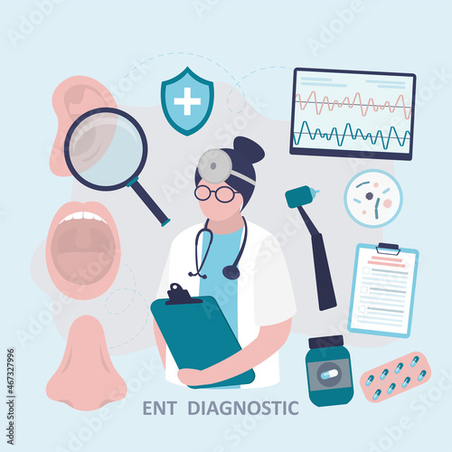 Set of various otolaryngological instruments. Woman treats diseases of ears and nose