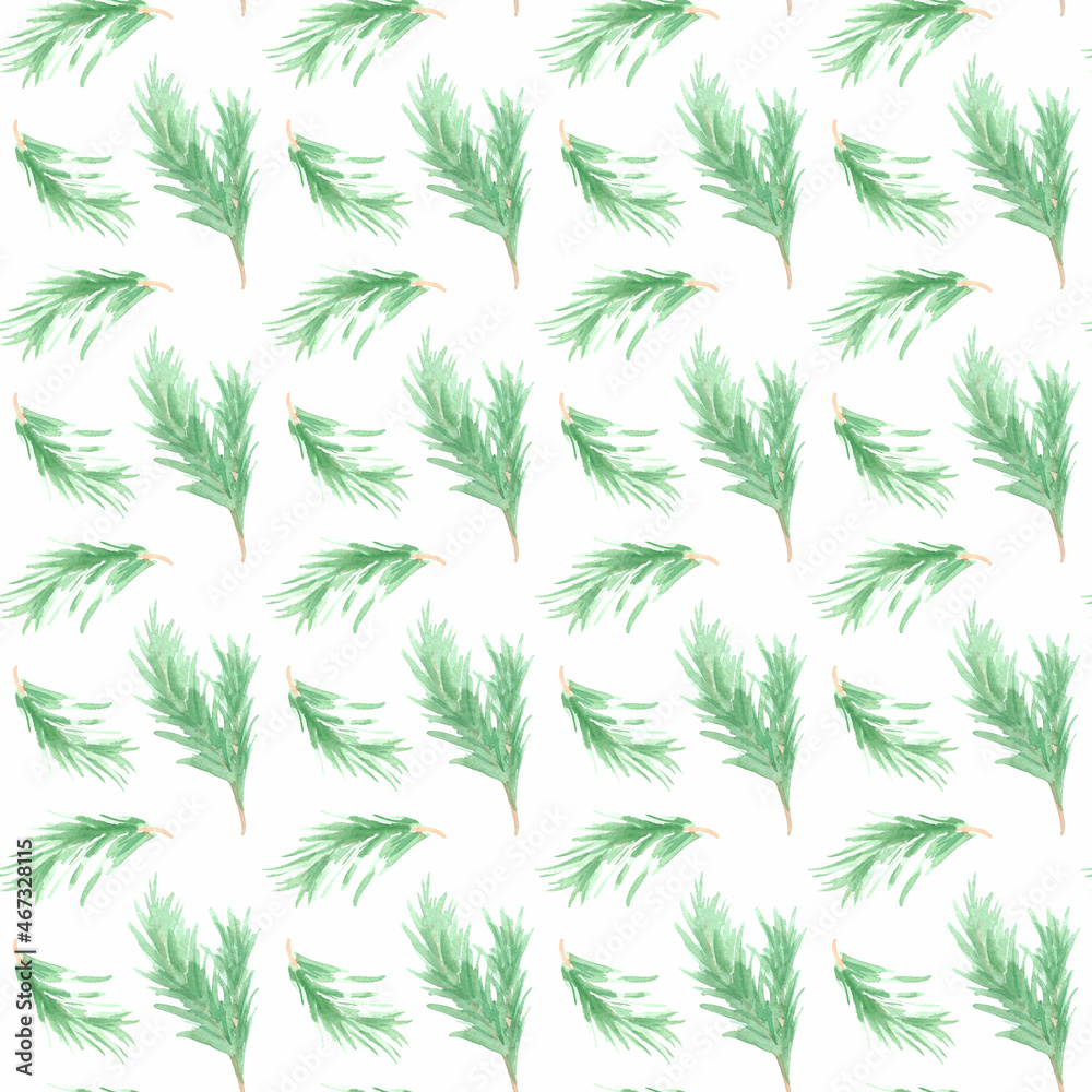 Watercolor seamless digital paper with green coniferous twigs. Great for printing, web, textile design, scrapbooking.