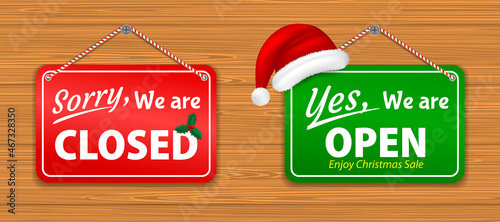 set of realistic information boards christmas twigs with the sign come in we are open and sorry we are closed. eps vector