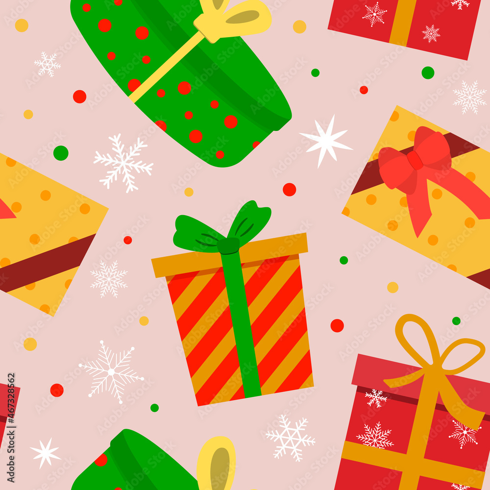 Holiday gift boxes and white snowflakes. Vector seamless pattern on pink background. For textile, wrapping paper, packaging, wallpapers. Holiday gift boxes and white snowflakes. Vector seamless pattern on pink background. For textile, wrapping paper, packaging, wallpapers.