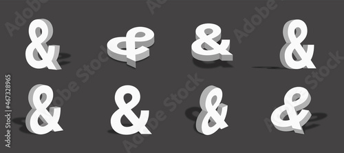White ampersand 3d icon illustration with different views and angles
