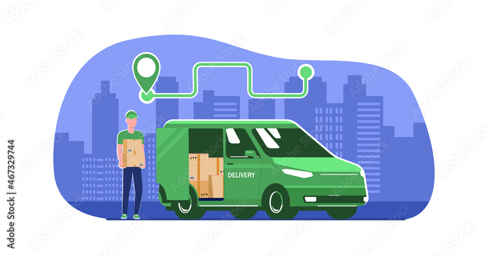 Concept for a logistics service using electric vehicles. Vector illustration. Concept for a logistics service using electric vehicles. Vector illustration.