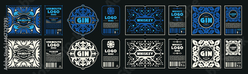 Set of templates decorative label for gin, whiskey, vermouth