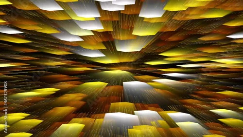 Abstract graphic animation in orange design - movement of glowing random blocks in changing colors on different planes focusing towards into the center