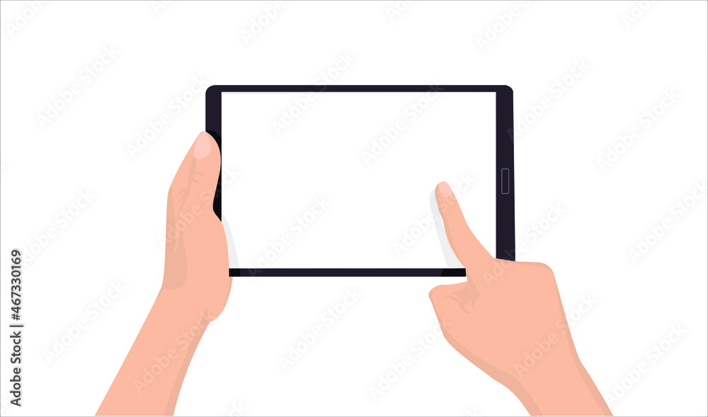 Tablet in hand flat illustration. Hand holding black tablet and touching  tablet screen. Man holding Tab smartphone. Online payment by Table computer  holding in hand. tablet in male hands. Stock-Vektorgrafik | Adobe