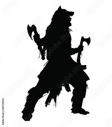 Silhouette of an angry viking with axes. He screams and is dressed in a wolf's skin. 2D illustration.