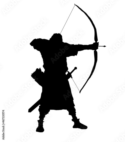 Black silhouette of an archer with a bow takes aim, ready to shoot. on the belt a quiver with arrows and a sword. 2D illustration.