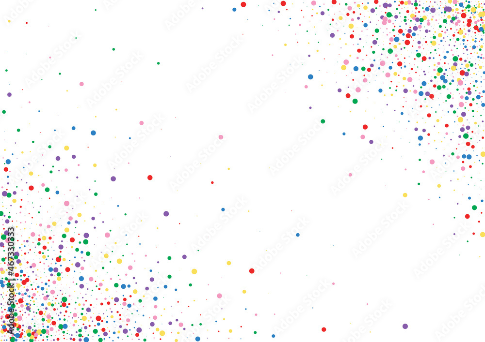 Multicolored Round Dust Texture. Dot Explosion Illustration. Red Rainbow Circle. Yellow Sparkle Confetti Background.