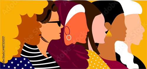 Flat illustration about sisterhood, bond, diversity, inclusion and togetherness without any difference.