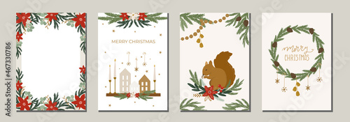 White Christmas card and poster wet for banner, card, stationery, invitation design. Festive collection of greeting cards with flowers,animal, christmas elements