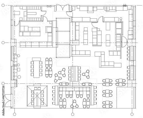 Architectural design small cafe top view plan 