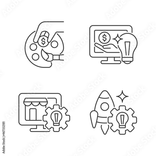 Startup ideas linear icons set. Patronage and guidance. Online marketplace. Small business launch. Customizable thin line contour symbols. Isolated vector outline illustrations. Editable stroke