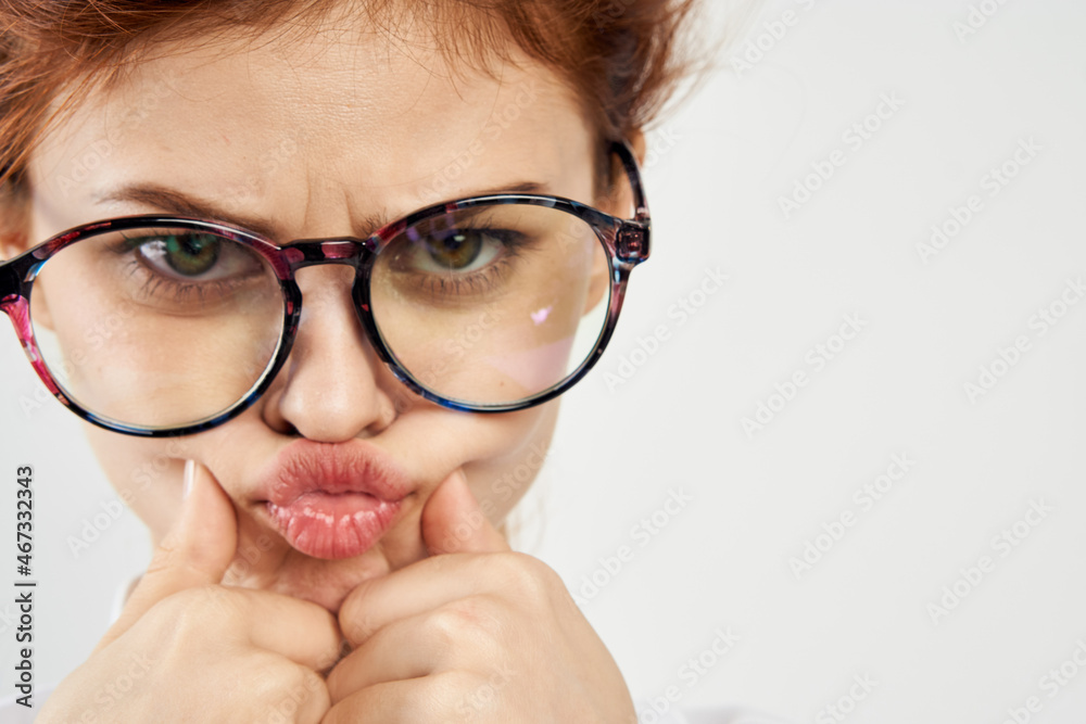 women in white shirt glasses posing color background women in white shirt glasses posing color background