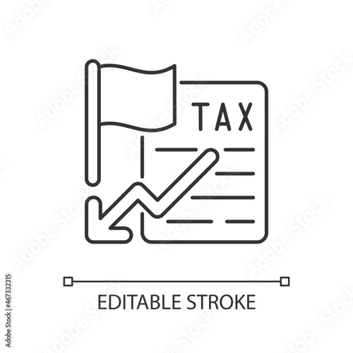 Tax relief linear icon. Small business incentives. Policy from government to reduce tax payment. Thin line customizable illustration. Contour symbol. Vector isolated outline drawing. Editable stroke