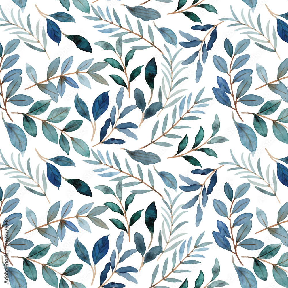 Blue green leaves watercolor seamless pattern