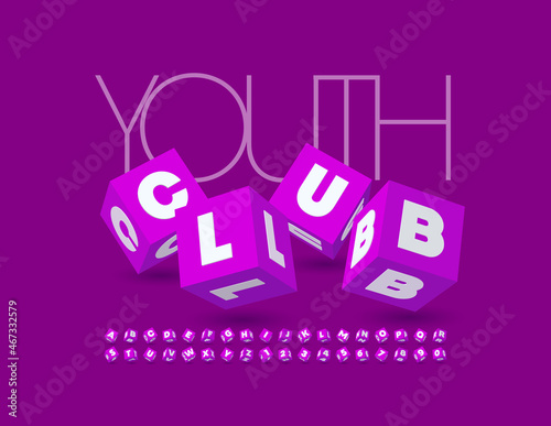 Vector bright sign Youth Club. Trendy 3D Font. Toy Blocks set of Alphabet Letters and Numbers