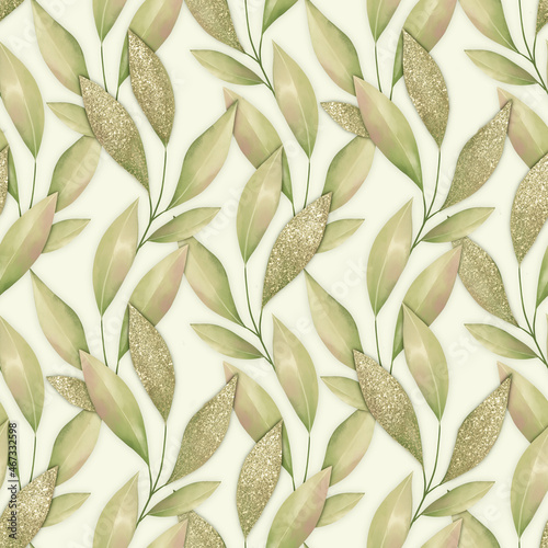 Seamless floral pattern with green leaves. Background with foliage.