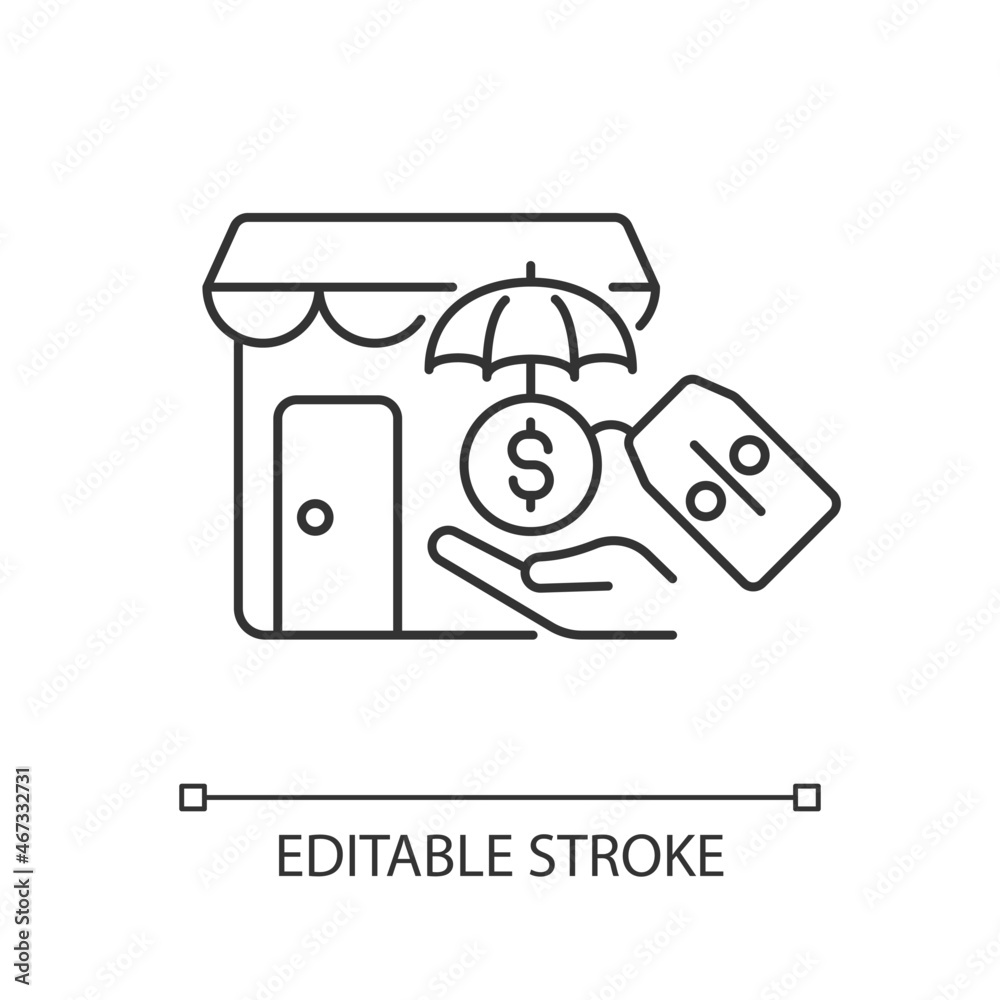 Small business insurance discounts linear icon. Small business compensation. Financial safety. Thin line customizable illustration. Contour symbol. Vector isolated outline drawing. Editable stroke Small business insurance discounts linear icon. Small business compensation. Financial safety. Thin line customizable illustration. Contour symbol. Vector isolated outline drawing. Editable stroke