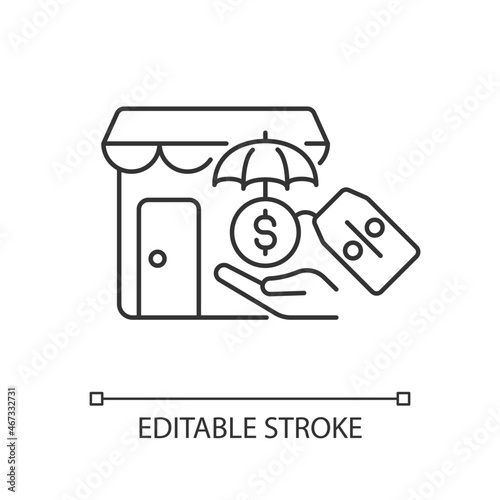 Small business insurance discounts linear icon. Small business compensation. Financial safety. Thin line customizable illustration. Contour symbol. Vector isolated outline drawing. Editable stroke