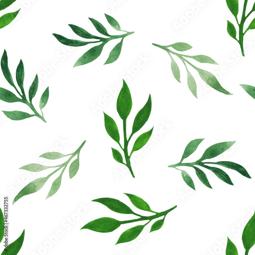 watercolor seamless pattern with green leaves  branches. For decoration and design  printing on paper  fabric  scrapbooking. Boho  rustic  botanical  natural style. Isolated on white background.