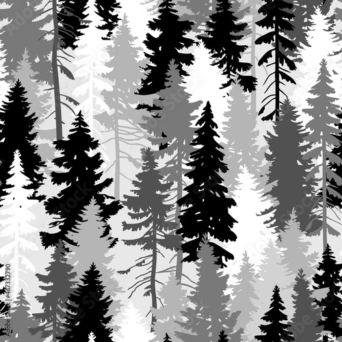 Seamless vector pattern with pine tree silhouettes on light grey background. Perfect for textile  wallpaper or print design. 