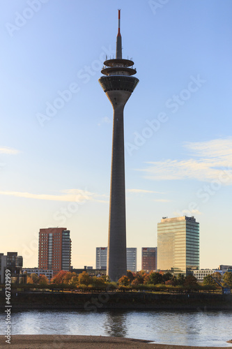 Sunrise view on the Rhintower in Düsseldorf from across the river