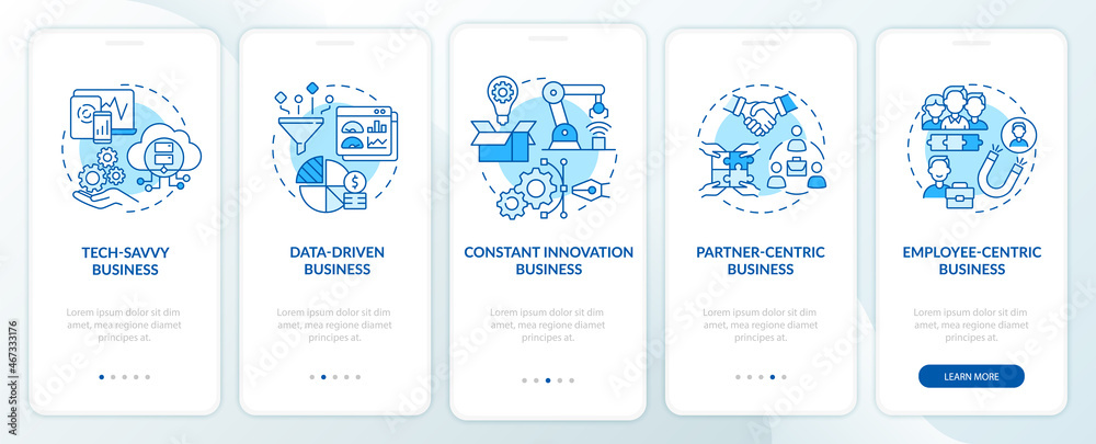 Successful business models blue onboarding mobile app page screen. Company structure walkthrough 5 steps graphic instructions with concepts. UI, UX, GUI vector template with linear color illustrations