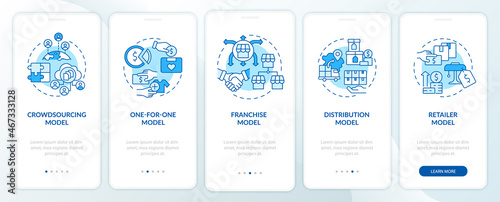 Business model types blue onboarding mobile app page screen. Enterprise walkthrough 5 steps graphic instructions with concepts. UI, UX, GUI vector template with linear color illustrations