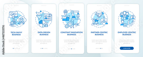 Successful business models blue onboarding mobile app page screen. Company structure walkthrough 5 steps graphic instructions with concepts. UI, UX, GUI vector template with linear color illustrations © bsd studio