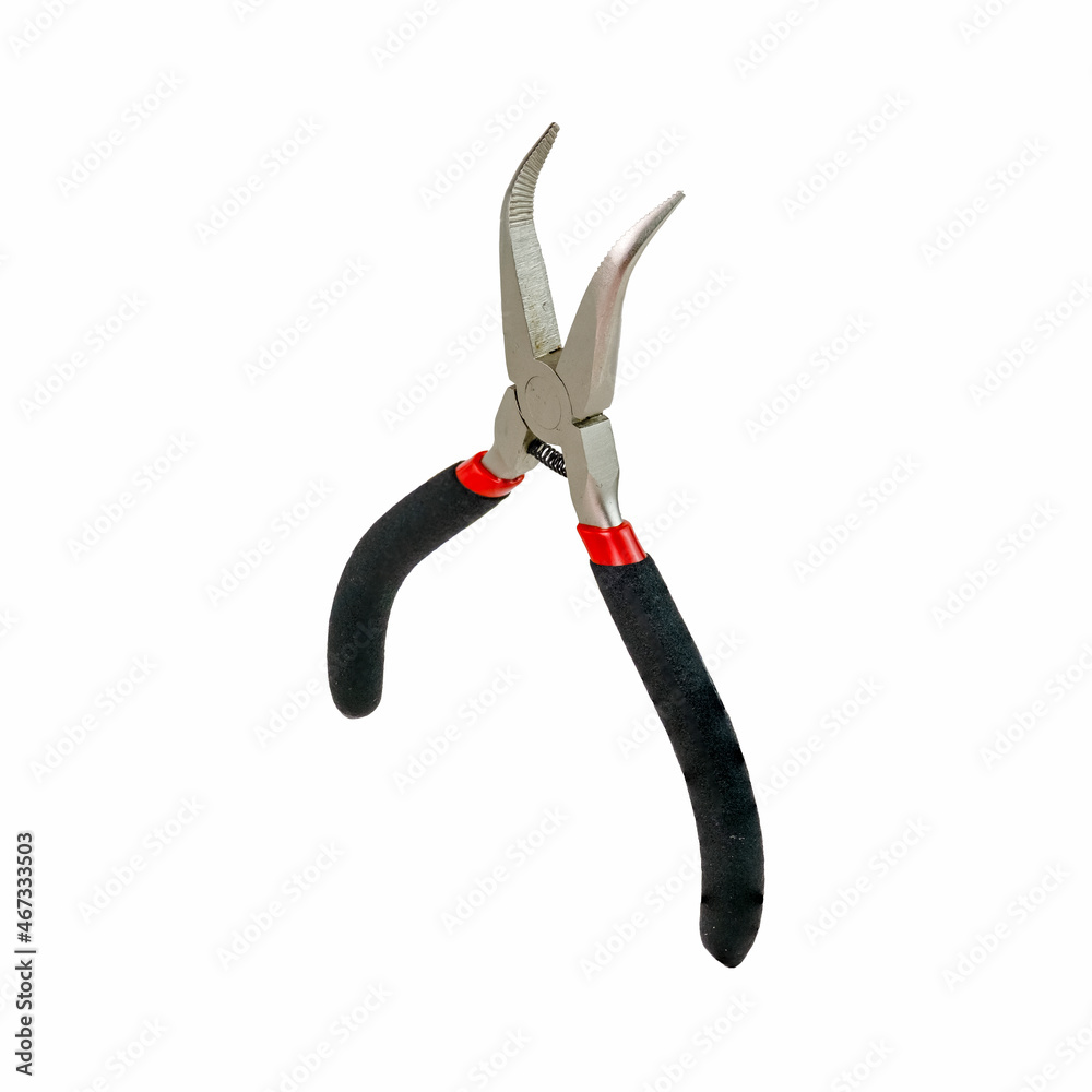 pliers isolated on white. Curved extension pliers, bi-material handles, heat treated chrome steel, forged, interlock assembly, narrow design and high frequency heat treated cutting edge.