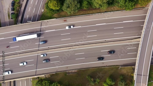 Overhead aerial drone footage of the highway A1 that goes around Bern, Switzerland capital city. photo