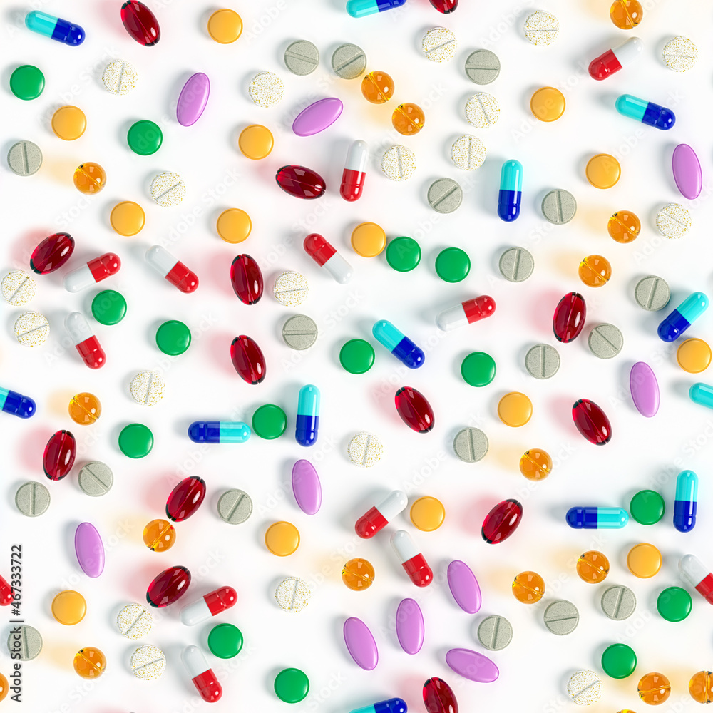 Seamless background of colourful tablets and pills on a white surface. Variety of vitamins. Production of drugs. Medical theme. 3d rendering. 