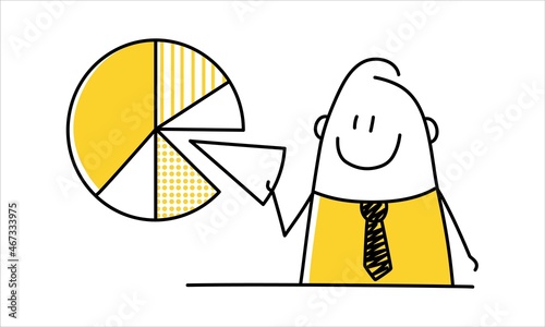 Stick man holding financial pie chart.