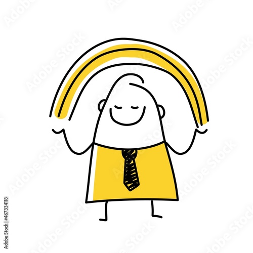 Stick man holding a rainbow in his hands.