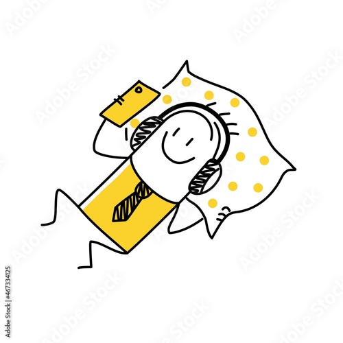 Stick man with headphones lies on a pillow and using phone.
