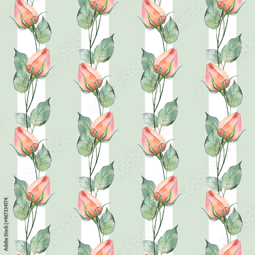 Pattern of waterolor rose flowers. Striped background.