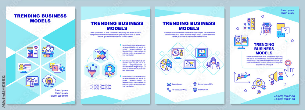 Trending business models brochure template. Social media marketing. Flyer, booklet, leaflet print, cover design with linear icons. Vector layouts for presentation, annual reports, advertisement pages