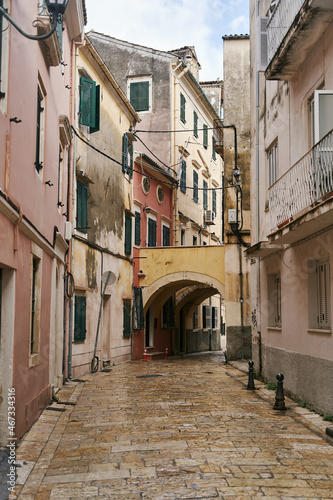 Corfu, Greece - 10.07.2021: View of the narrow streets of the historic Old Town of Corfu. High quality photo