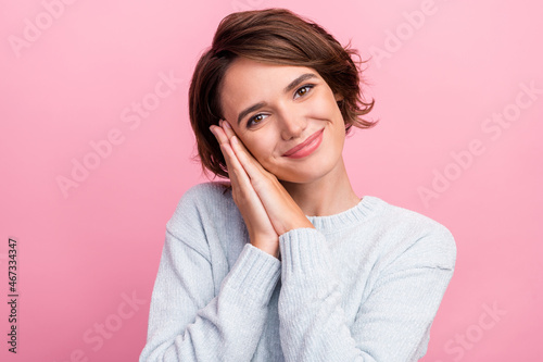 Photo of charming relaxed happy pretty young woman wave hands face good mood enjoy isolated on pink color background © deagreez