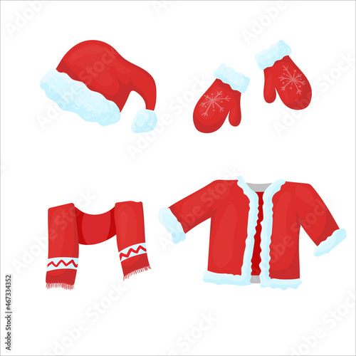 Santa Claus clothes. Bright suit. Christmas decor in cartoon style. Vector illustration isolated on white background.