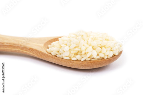 white sesame seeds organic on white background. Health food concept.