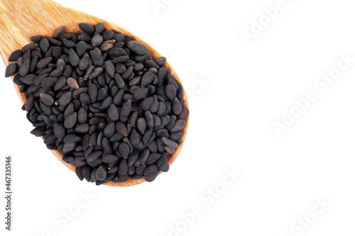 Black sesame seeds organic on white background. Health food concept.