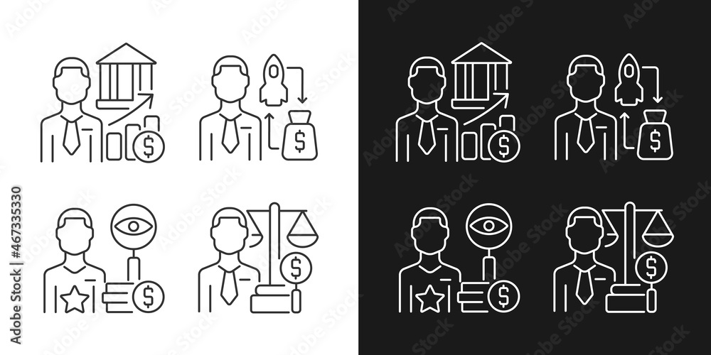 Finance investment jobs linear icons set for dark and light mode. Stock market analysts. Fund raising experts. Customizable thin line symbols. Isolated vector outline illustrations. Editable stroke Finance investment jobs linear icons set for dark and light mode. Stock market analysts. Fund raising experts. Customizable thin line symbols. Isolated vector outline illustrations. Editable stroke
