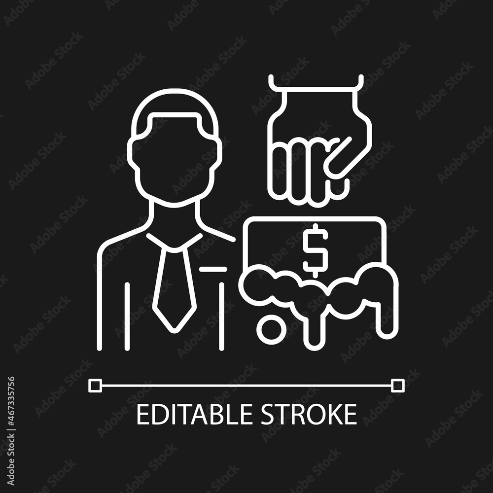 Anti-money laundering auditor white linear icon for dark theme. Independent tracking cash expert. Thin line customizable illustration. Isolated vector contour symbol for night mode. Editable stroke
