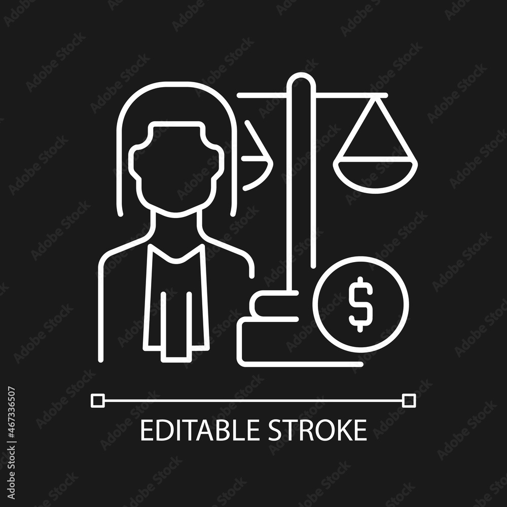 Finance law white linear icon for dark theme. Financial services lawyer. Law regulation expert. Thin line customizable illustration. Isolated vector contour symbol for night mode. Editable stroke Finance law white linear icon for dark theme. Financial services lawyer. Law regulation expert. Thin line customizable illustration. Isolated vector contour symbol for night mode. Editable stroke