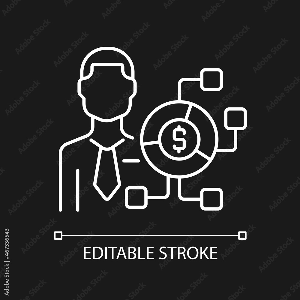 Digital finance expert white linear icon for dark theme. Remote services consultant. Thin line customizable illustration. Isolated vector contour symbol for night mode. Editable stroke Digital finance expert white linear icon for dark theme. Remote services consultant. Thin line customizable illustration. Isolated vector contour symbol for night mode. Editable stroke