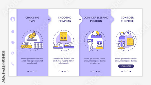 Selecting appropriate mattress onboarding vector template. Responsive mobile website with icons. Web page walkthrough 4 step screens. Bedding types color concept with linear illustrations